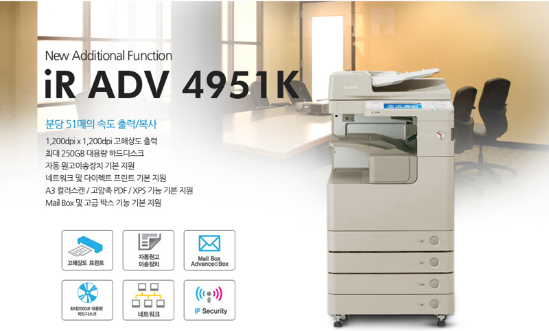 New additional FunctioniR ADV 4951K.ºÐ´ç 51¸ÅÀÇ ¼Óµµ Ãâ·Â/º¹»ç1,200dpi x 1,200dpi °íÇØ»óµµ Ãâ·Â,ÃÖ´ë 250GB ´ë¿ë·® Çϵåµð½ºÅ©,ÀÚµ¿ ¿ø°íÀ̼ÛÀåÄ¡ ±âº»Áö¿ø,³×Æ®¿öÅ© ¹× ´ÙÀÌ·ºÆ® ÇÁ¸°Æ® ±âº» Áö¿øA3 Ä÷¯½ºÄµ/°í¾ÐÃàPDF/XPS±â´É ±âº» Áö¿ø,Mail Box ¹× °í±Þ ¹Ú½º ±â´É ±âº» Áö¿ø,°íÇØ»óµµ ÇÁ¸°Æ®, ÀÚµ¿¿ø°í À̼ÛÀåÄ¡, ³×Æ®¿öÅ©, IP Security.